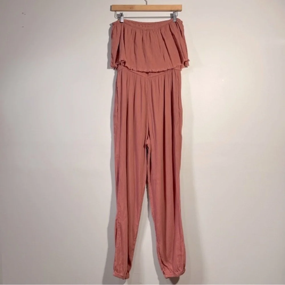 Aerie Strapless Smocked Jumpsuit Pink/salmon Medium - Picture 3 of 6